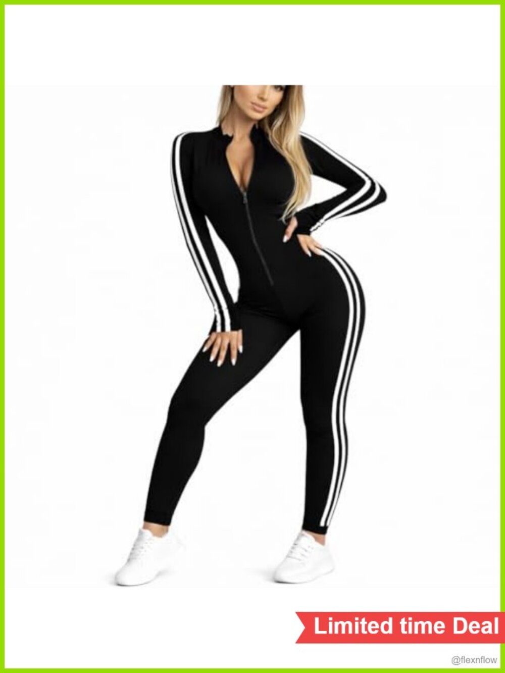 Women's Slim Fit Long Sleeve Half Zip Striped Jumpsuit Romper Workout